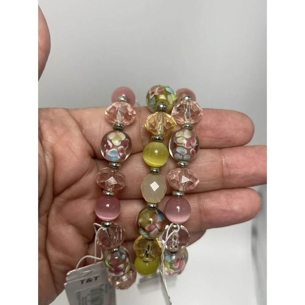 Croft & Barrow Pink & Yellow Pastel Glass Beaded 3 Piece Bracelet Set New